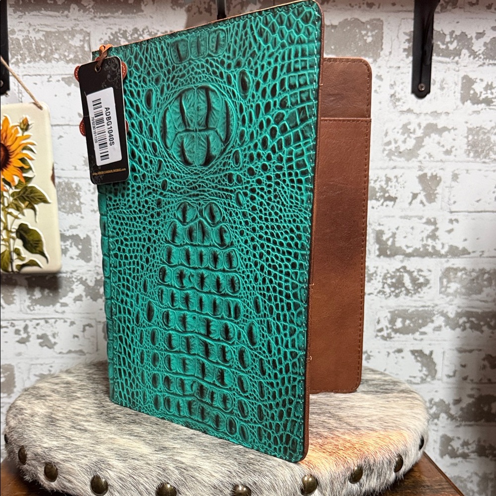 American Darling Teal Croc-Embossed Portfolio/Folder with Brown Interior
